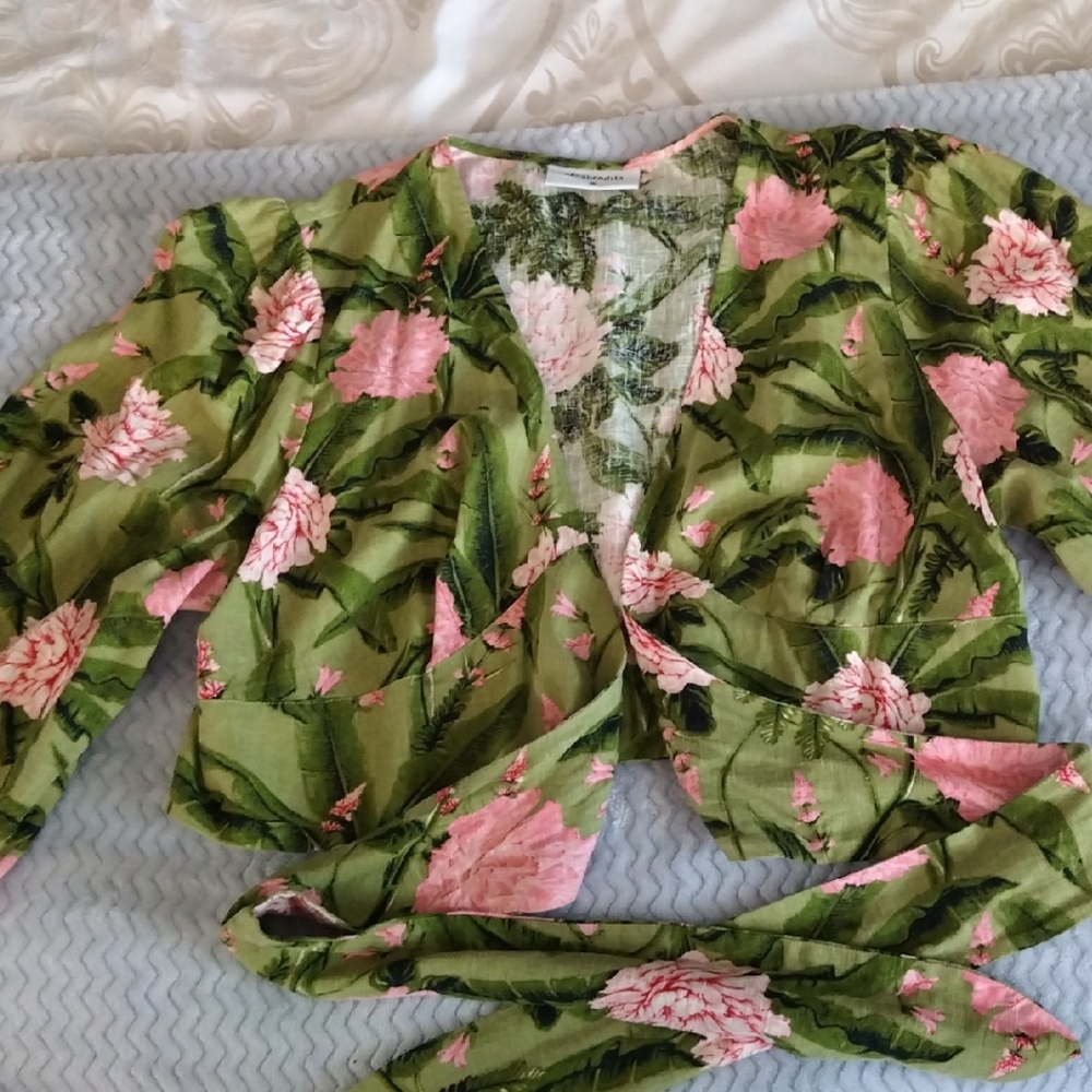 Agua Bendita Green and Pink Floral Top